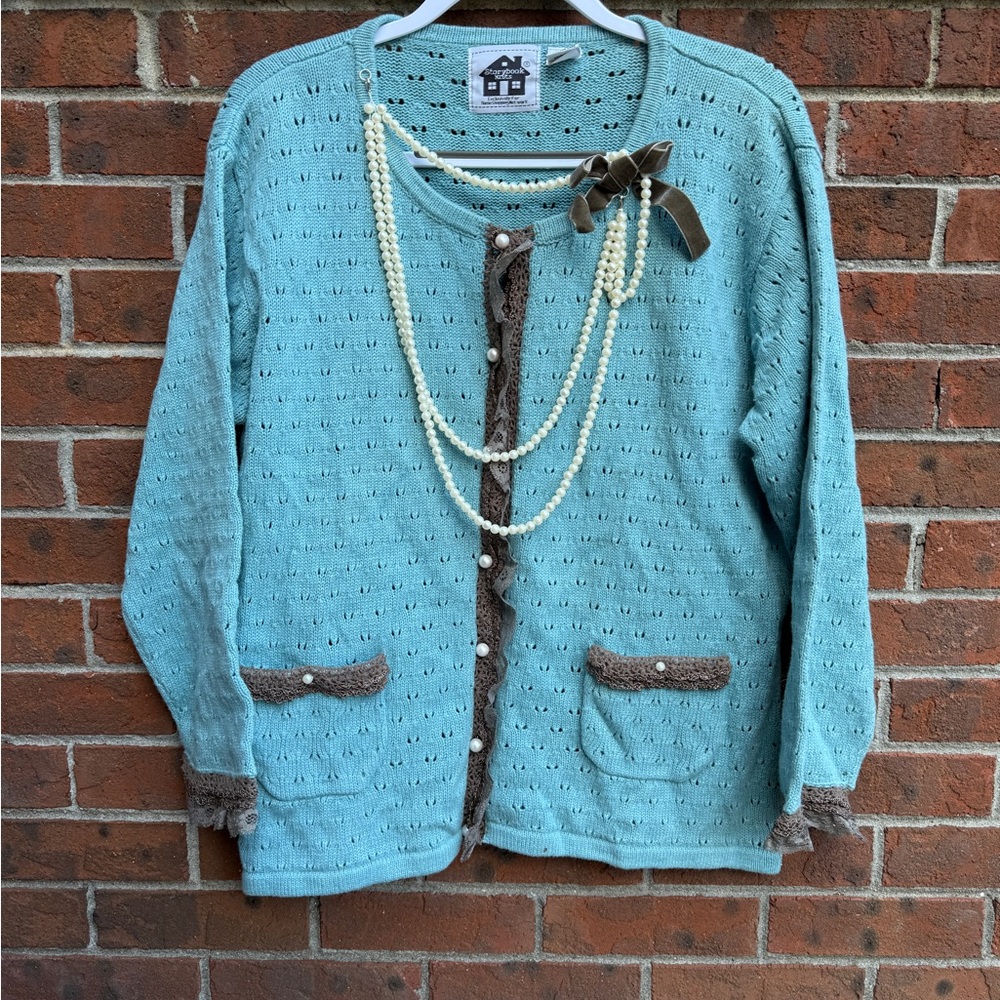 Vintage Storybook Knits Button Up Cardigan Sweater Size Large Pearl Necklace - Picture 2 of 7